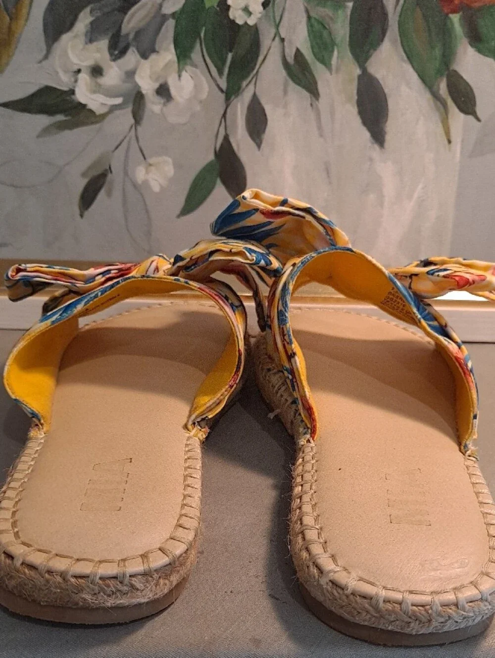 MIA Yellow Floral Bow Slide Espradille Sandals Blue Pink Tropical Jute Sole